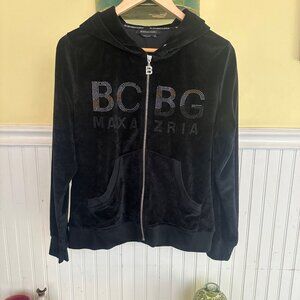 BCBG Max Azria Y2K Black Velvet Hoodie Jacket W/ Rhinestone Logo XL